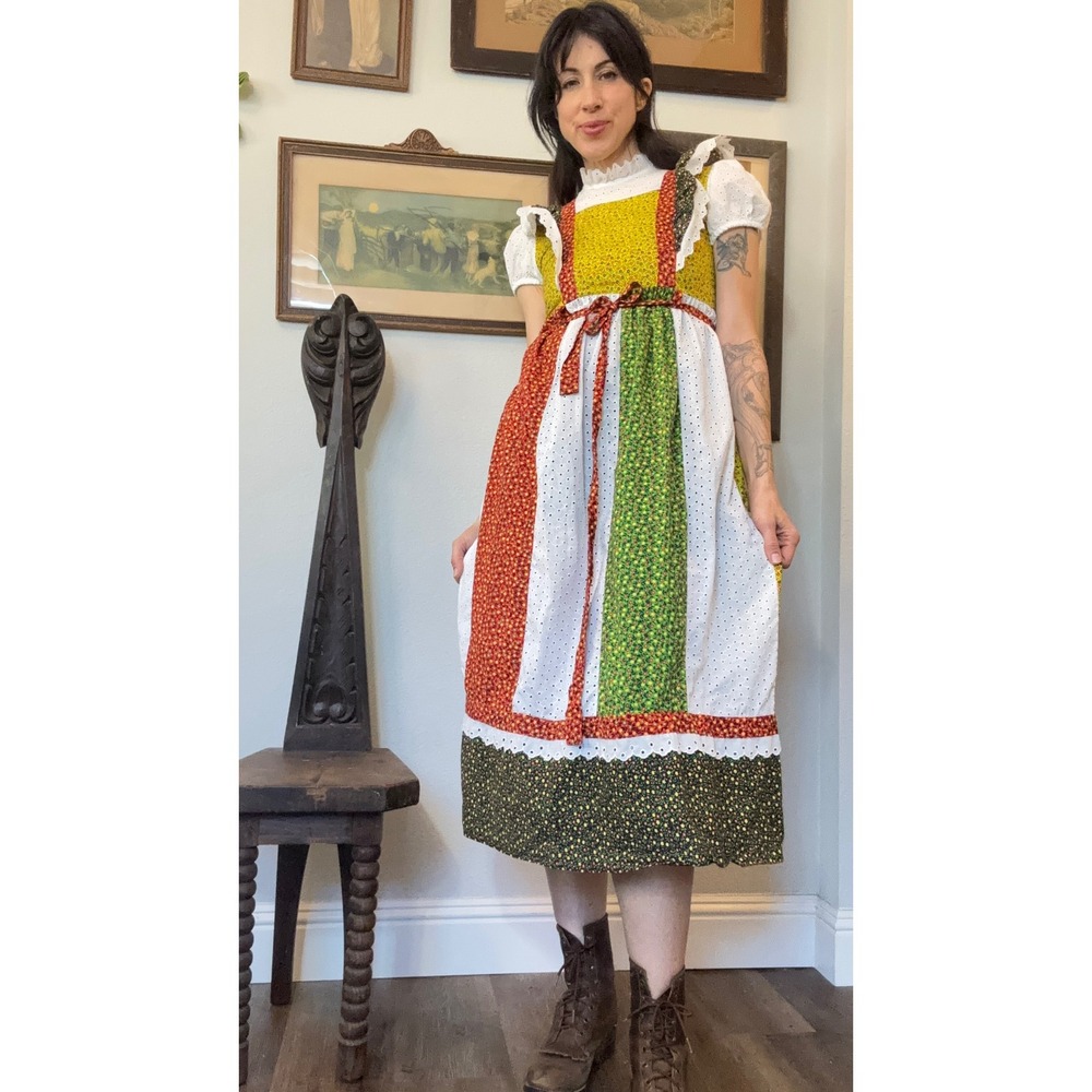 Vintage Youngland Patchwork Prairie Maxi Dress Floral Eyelet Lace kids XS adult